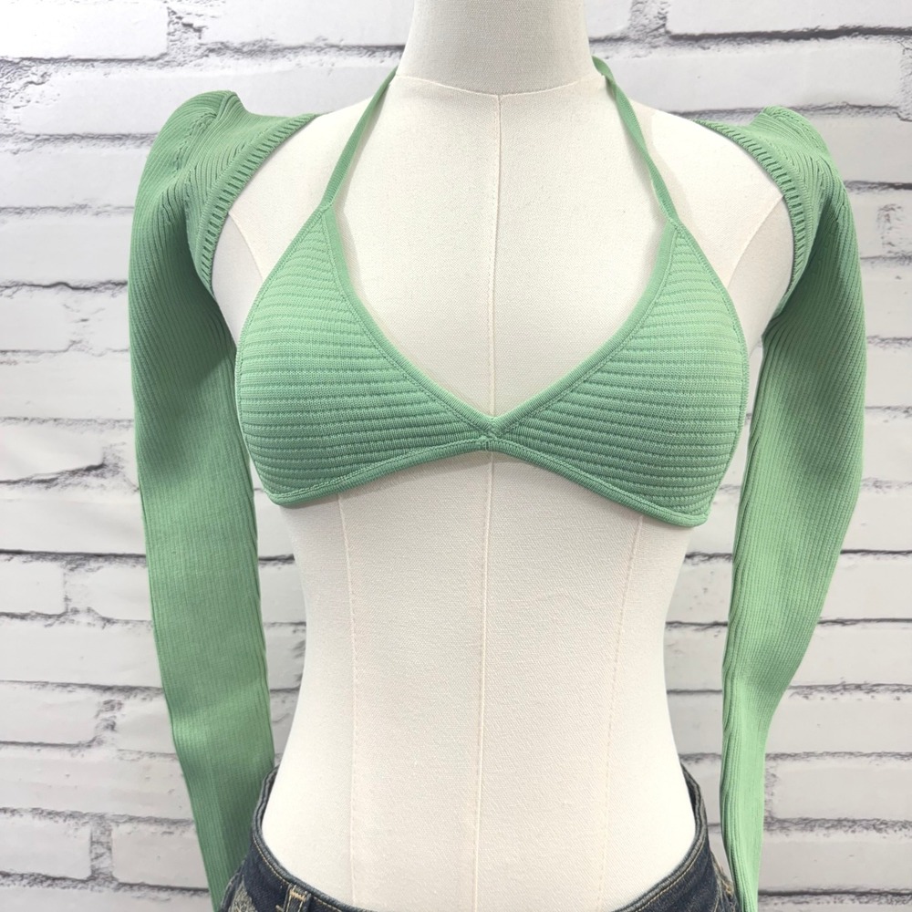 SER.O.YA Dahila Set Green Ribbed Knit Halter Bolero Shrug Crop Top Set XS New